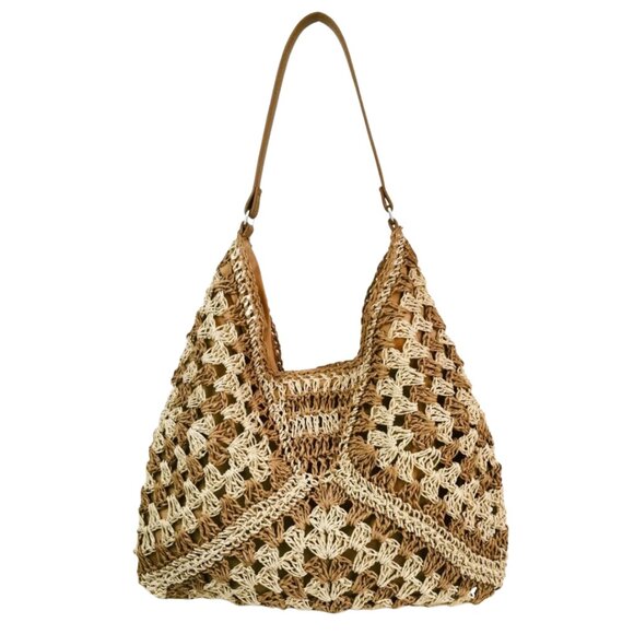 Glamor Theory Handbags - Resort Retreat Boho Charm Rattan Straw Woven Tote Summer Bag Purse Beige Cream